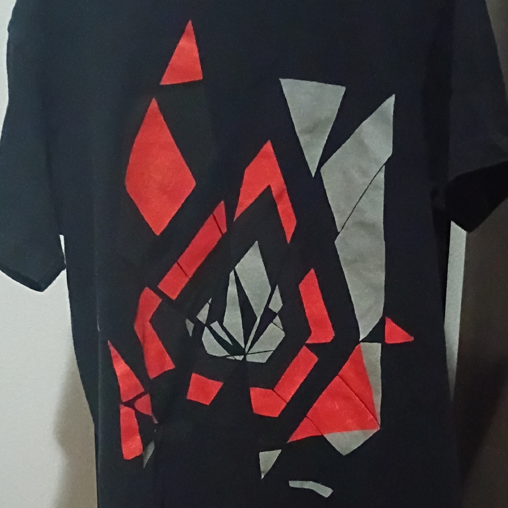 Volcom Black Tee with Red and Gray Geometric Design